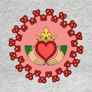 Claddagh and Red Knotwork on Pink T-Shirt